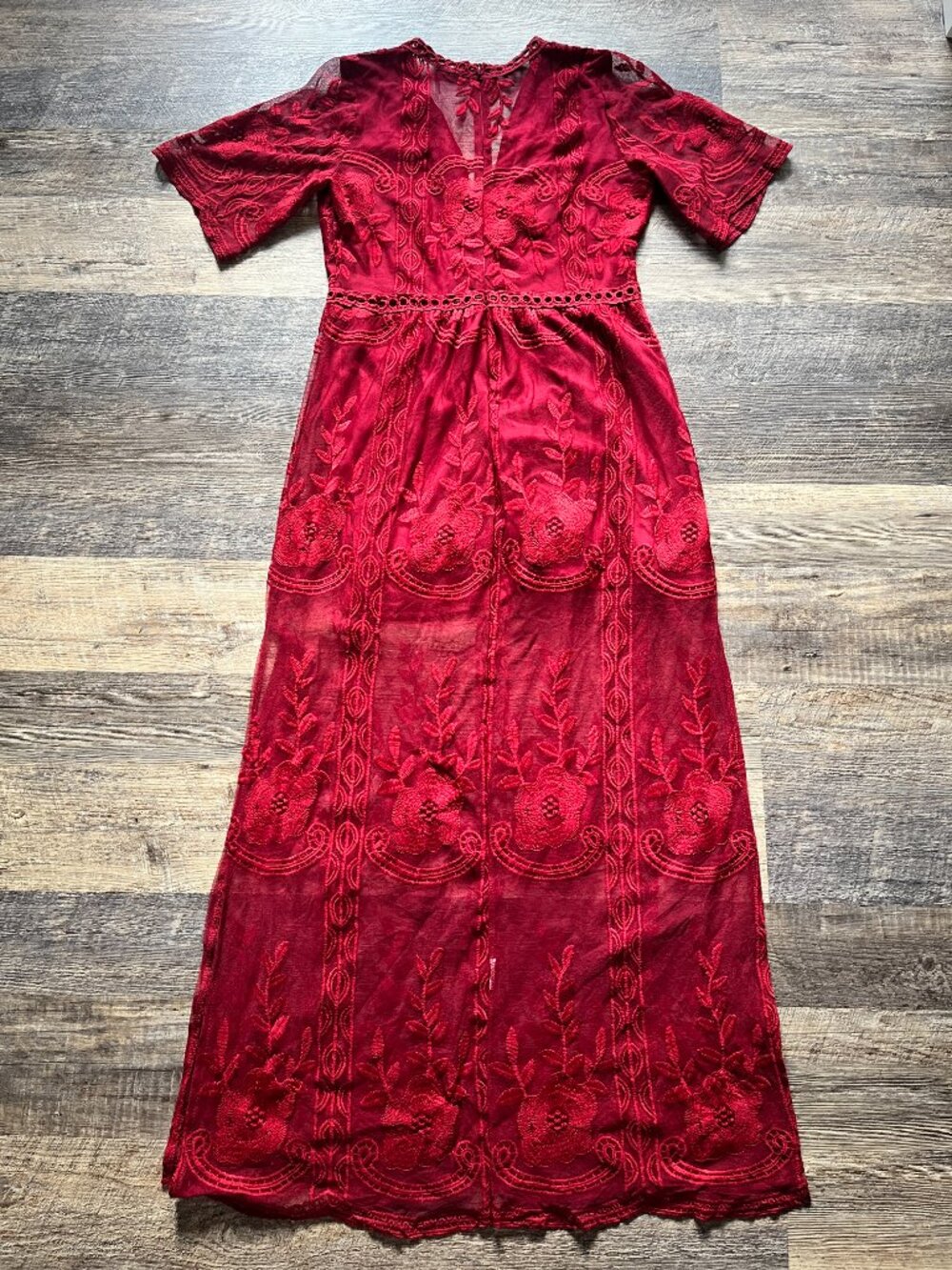 Eleter Red Embroidered Lace Overlay Maxi Dress L - Picture 6 of 9